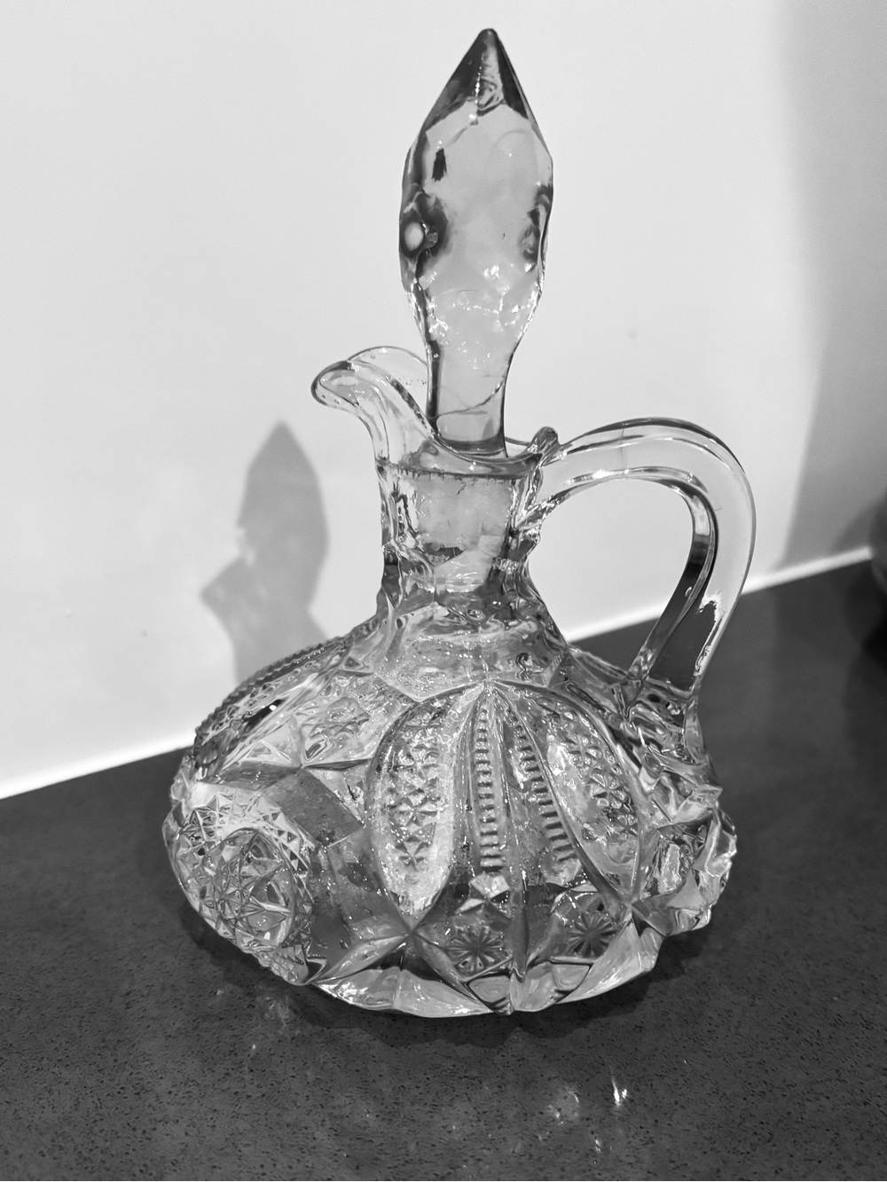 Vintage early American pattern glass (EAPG) etched cruet decanter